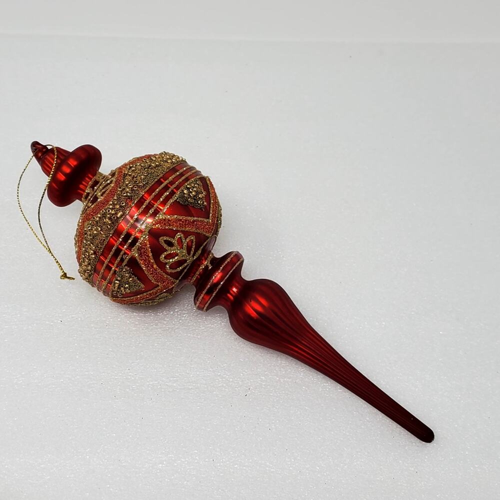 Large Glitter Beaded Finial Red and Gold Christmas Ornament 10" Long Small Flaw